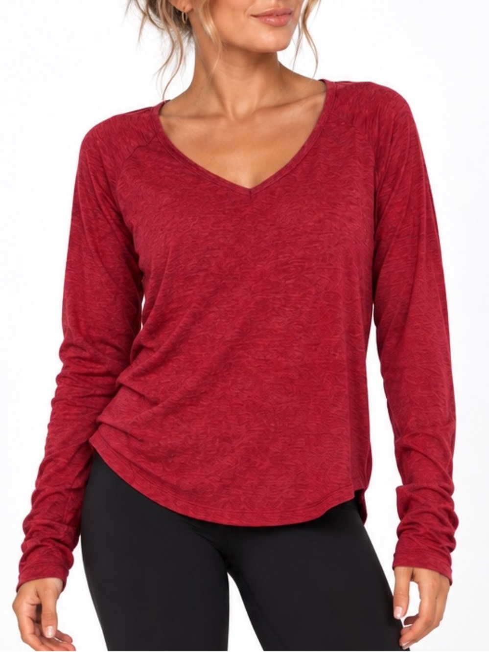 Spanx V Neck Heathered Relaxed Fit Longsleeve Shirt Top Medium